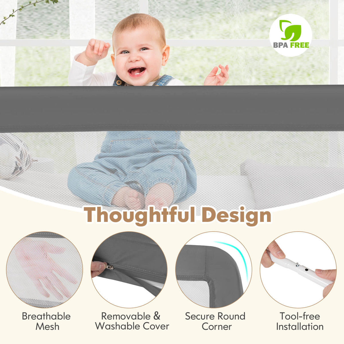 Crib Side Rails Create a seamless and secure area for your kid with this 71" long bed rail!